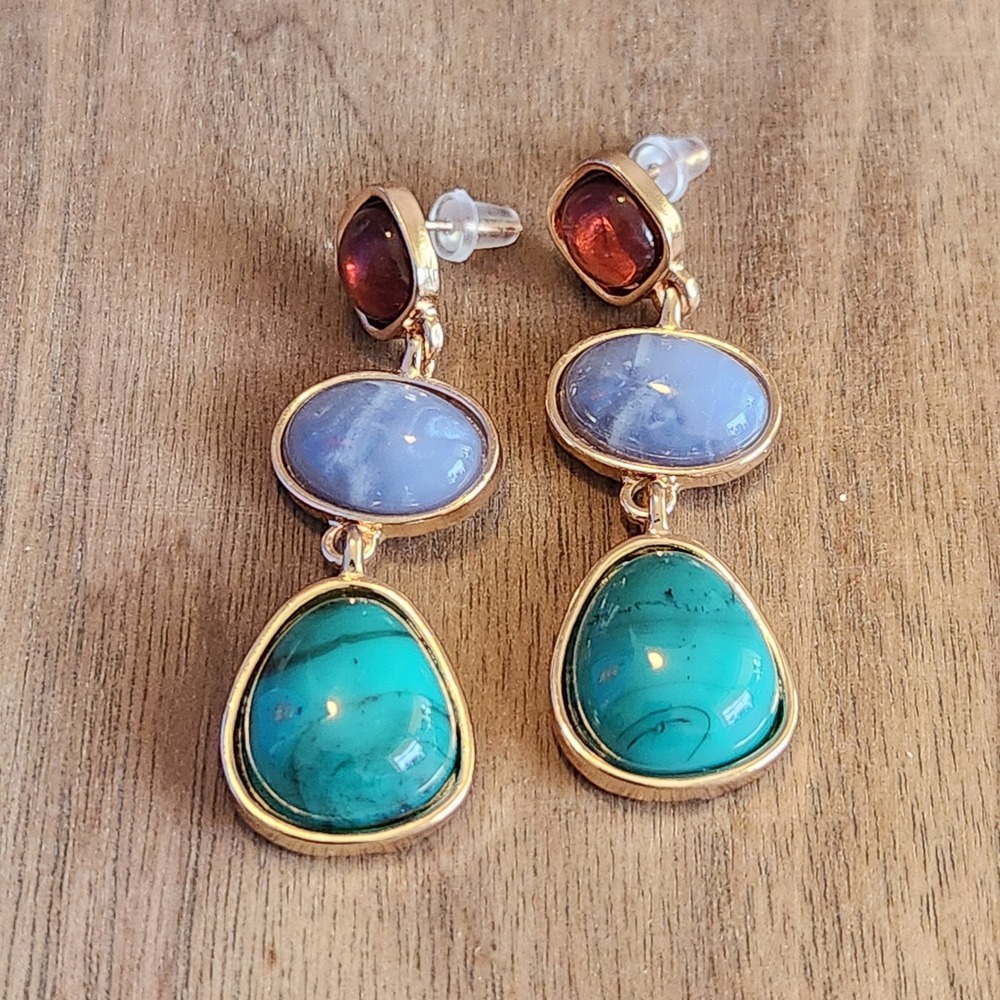 Gold Tone Triple Drop Earrings Faux Malachite Blue Amber Cabochon Dangle‎ 1.75"